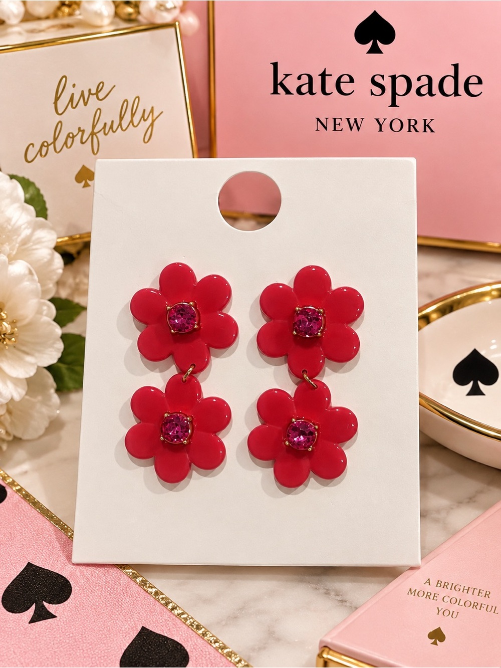 🌸 NWOT Kate Spade New York Red Floral Crystal Linear Drop Earrings
